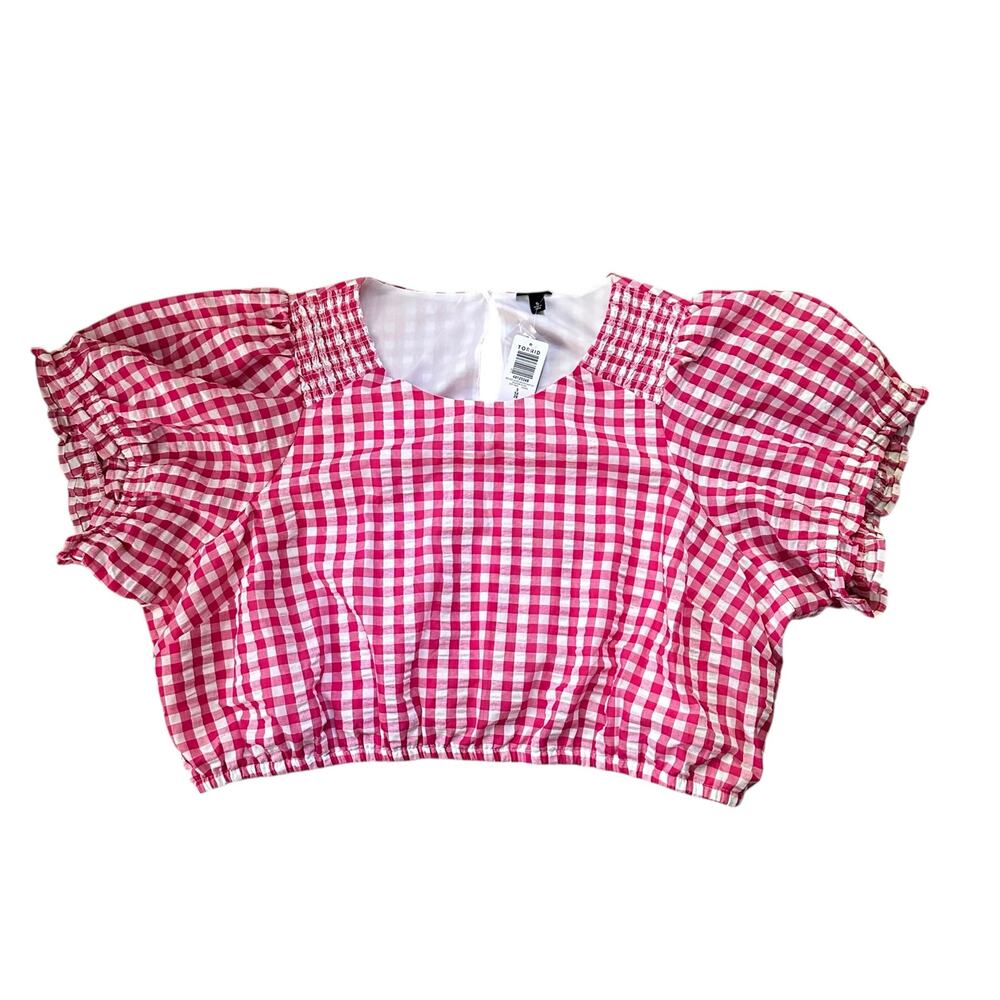 Torrid 5X Pink Gingham Plaid Puff Sleeve Crop Top Seersucker Blouse 28